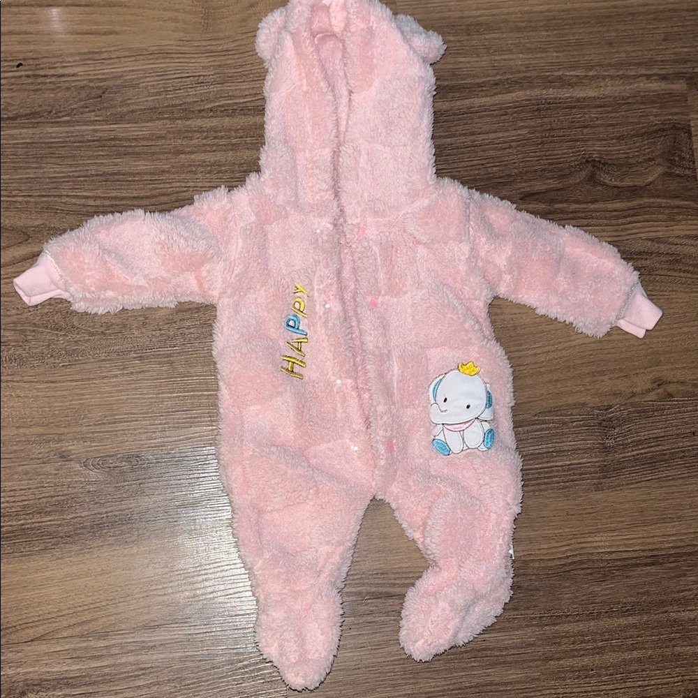 Baby Pink Plush One-Piece Romper with Hood